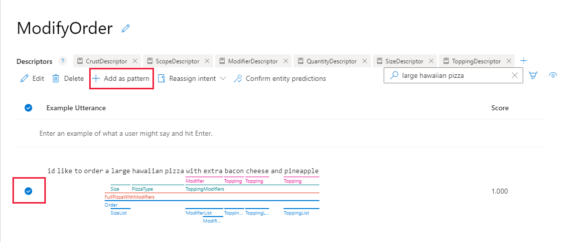 Screenshot of selecting example utterance as a template pattern on the Intent details page.