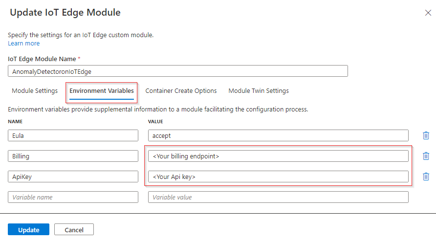 Environment variables with red boxes around the areas that need values to be filled in for endpoint and API key