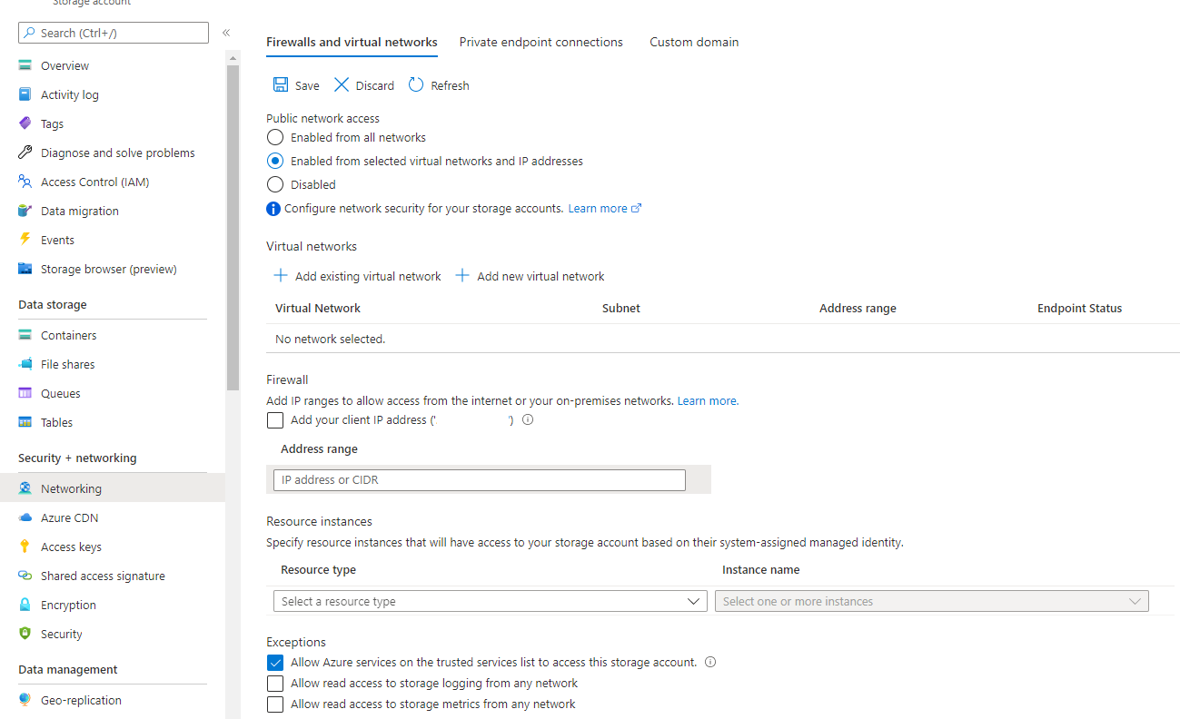 Screenshot of configure storage firewall.