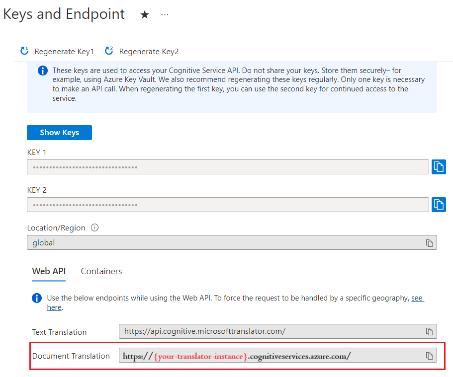 Screenshot showing the get your key field in Azure portal.