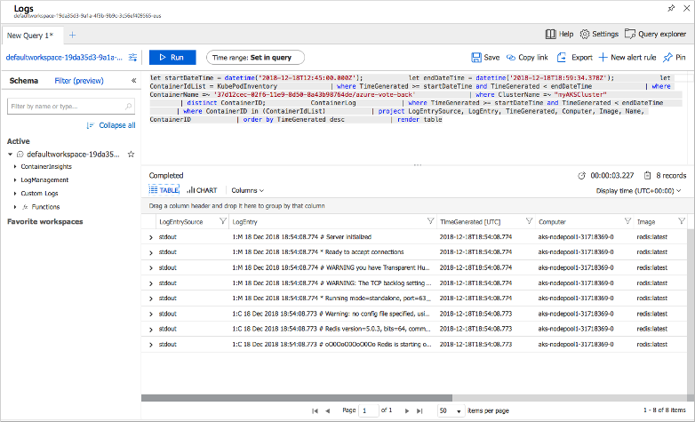 View the containers logs in AKS