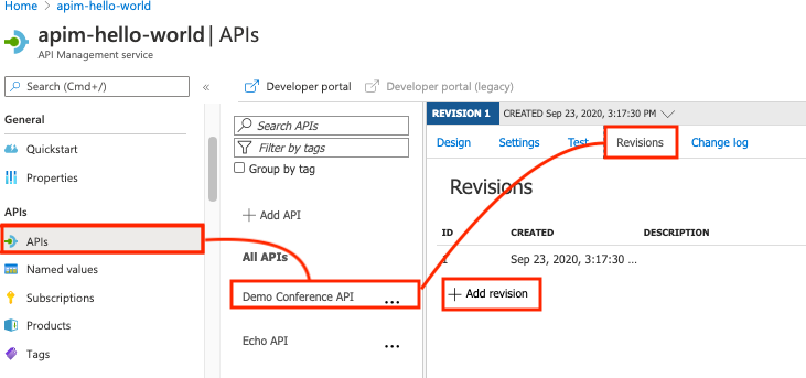 Screenshot of adding an API revision in the portal.