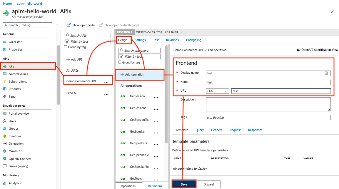 Screenshot showing how to add an operation in a revision in the portal.