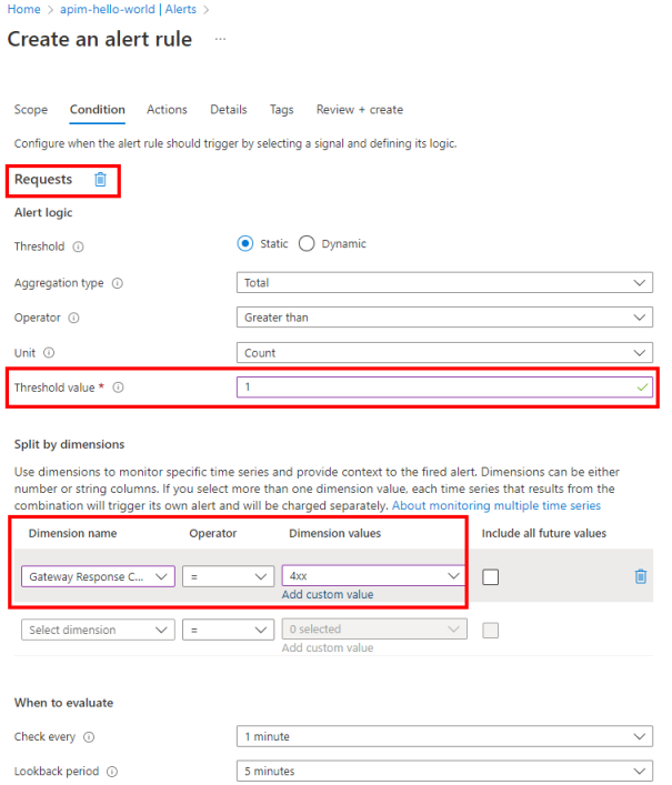 Screenshot of configuring alert logic in the portal.