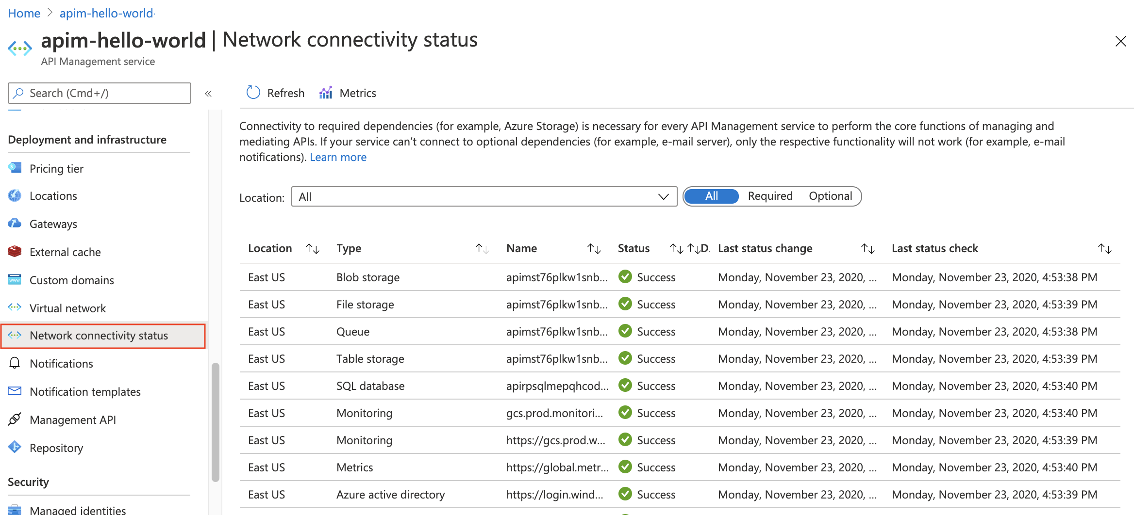 Verify network connectivity status in the portal