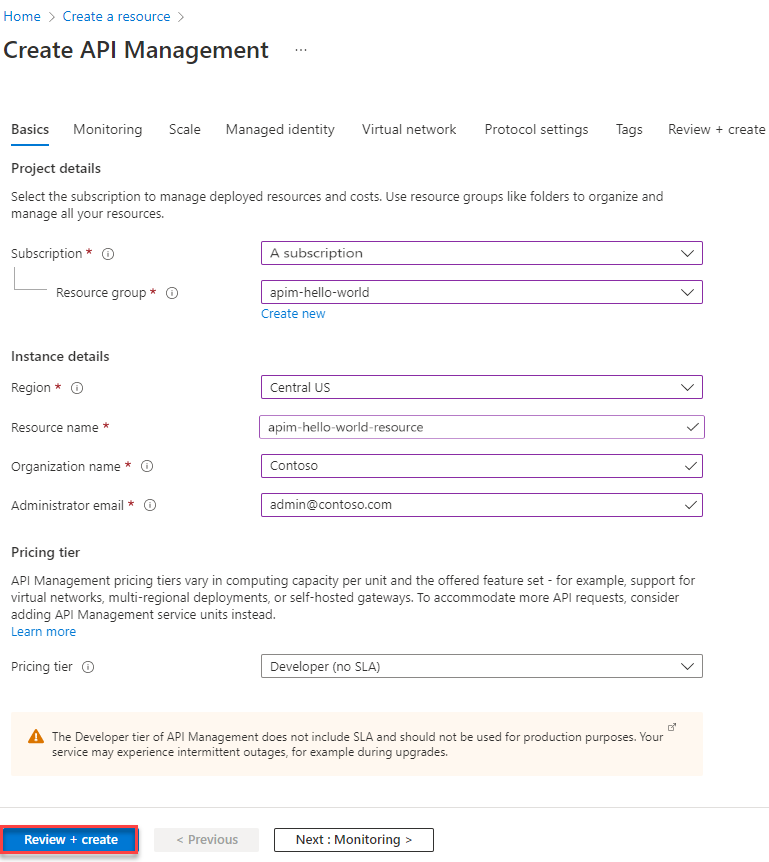 Create API Management instance.