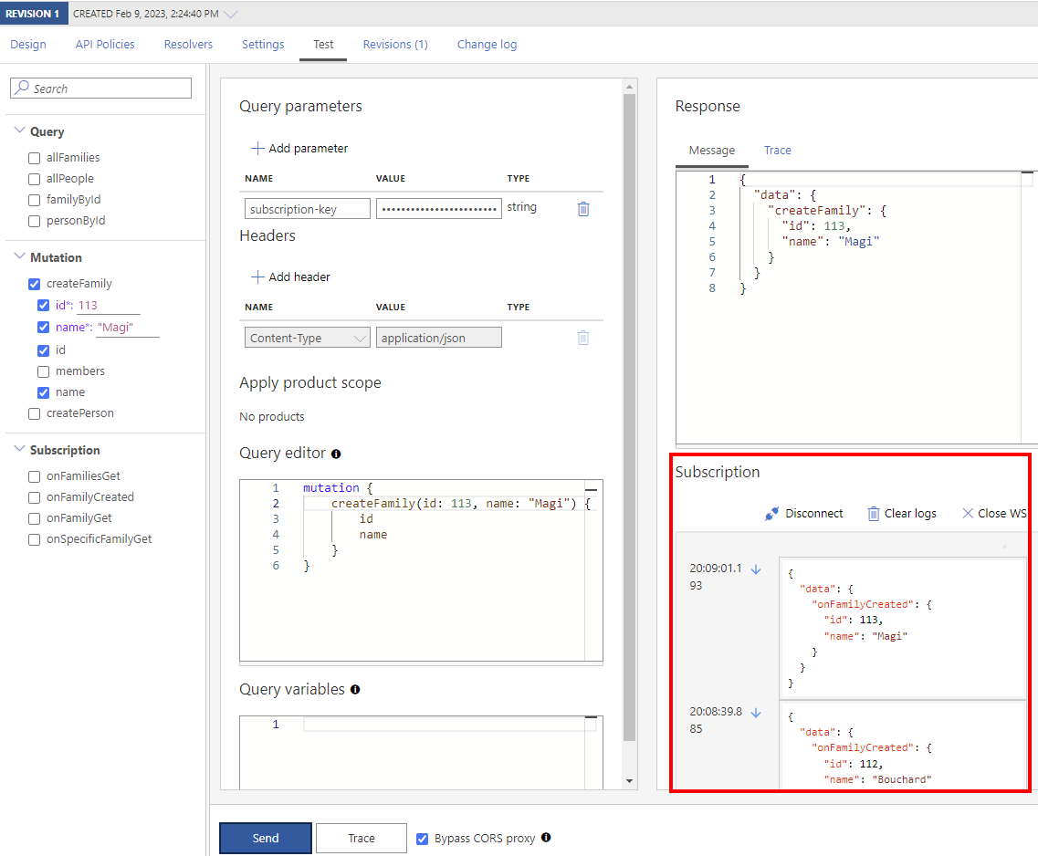 Screenshot of GraphQL subscription events in the portal.