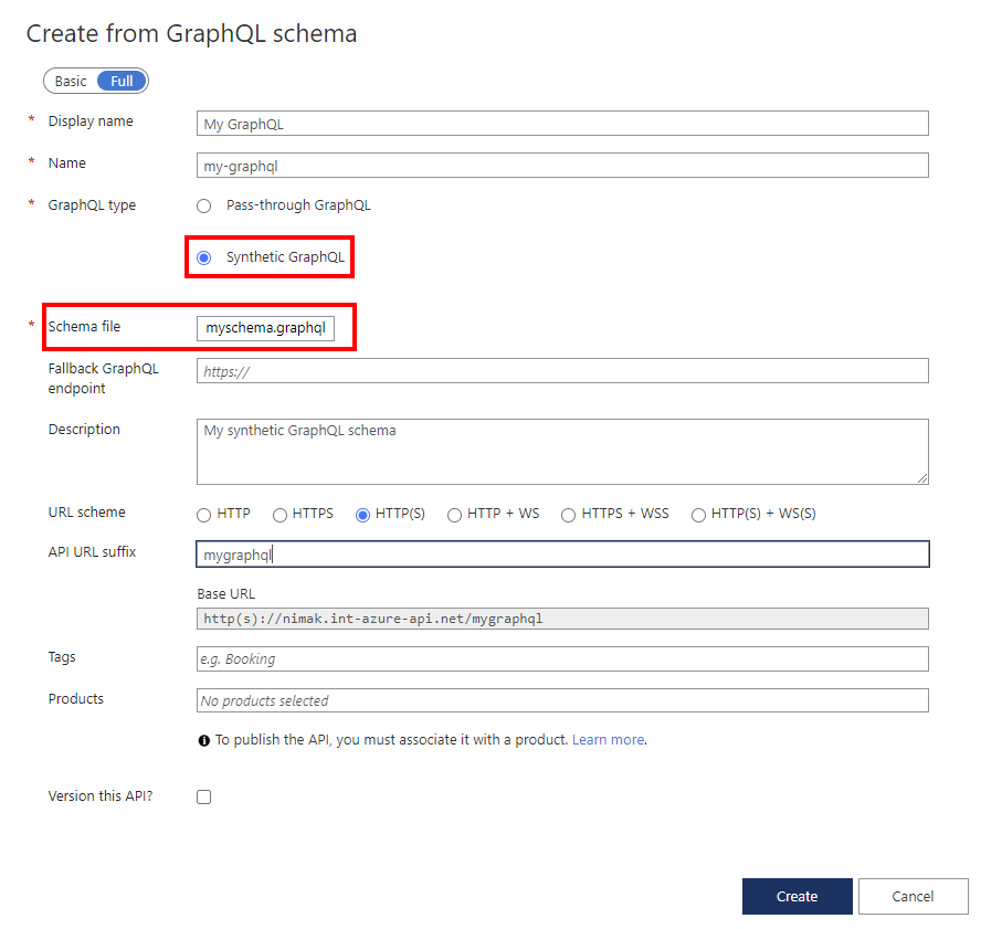 Screenshot of fields for creating a GraphQL API.