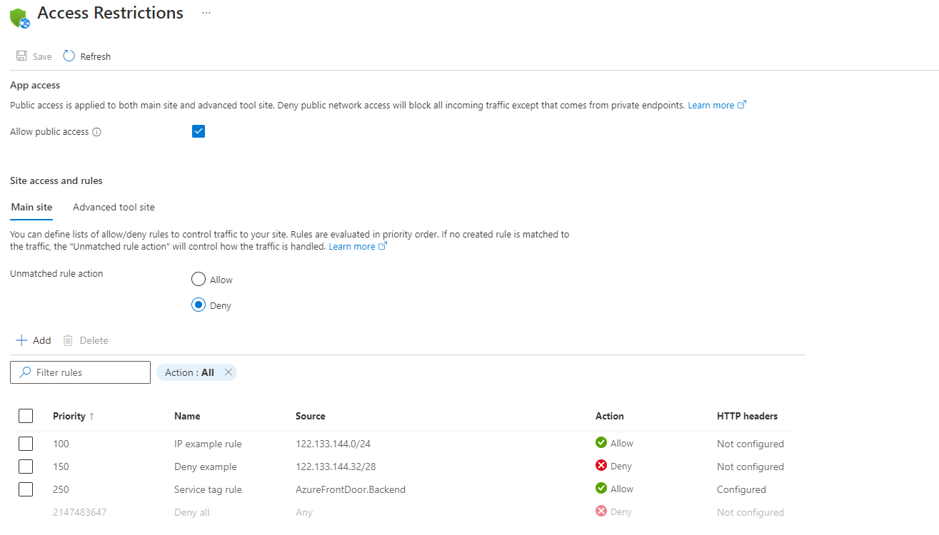 Screenshot of the Access Restrictions page in the Azure portal, showing the list of access restriction rules defined for the selected app.