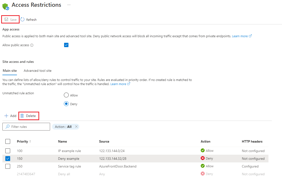 Screenshot of the 'Access Restrictions' page, showing the 'Remove' ellipsis next to the access restriction rule to be deleted.