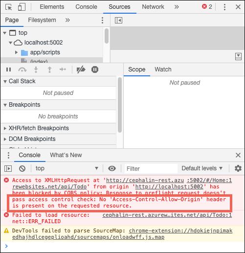 Screenshot of the CORS error in the browser client.