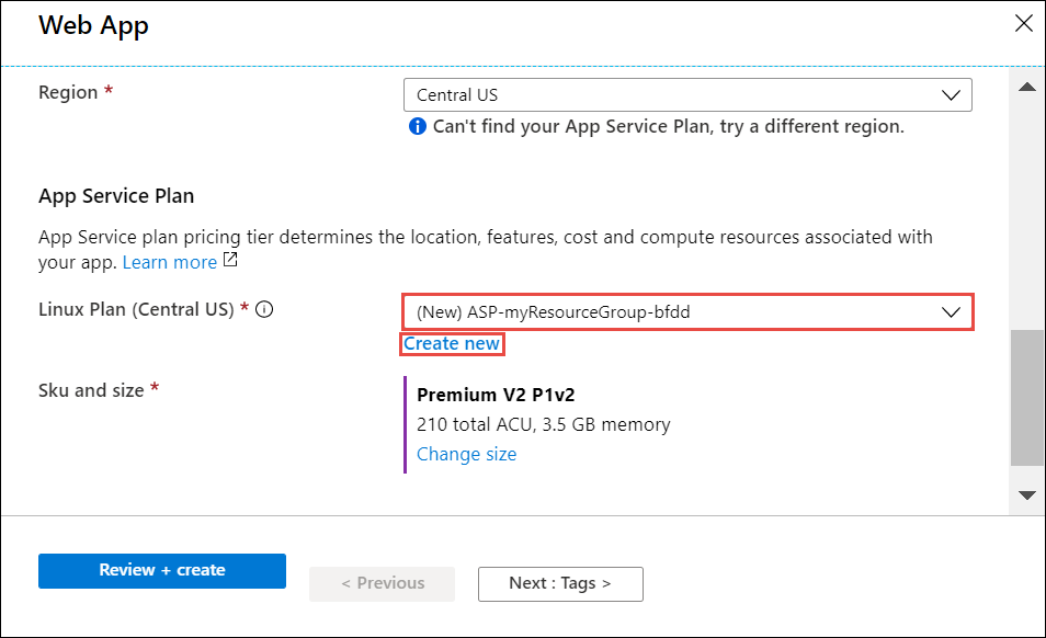 Create an App Service plan in the Azure portal.