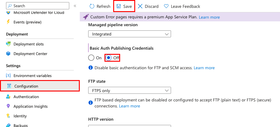 A screenshot showing how to disable basic authentication for Azure App Service in the Azure portal.