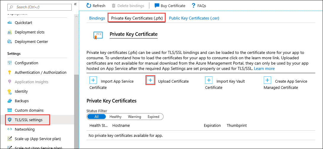 Screenshot of the app management page with 'Certificates', 'Bring your own certificates (.pfx)', and 'Upload Certificate' selected.