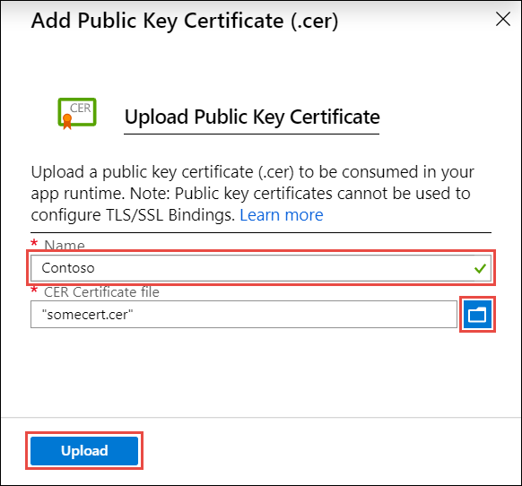 Screenshot of the app management page. It shows the public key certificate to upload and its name.