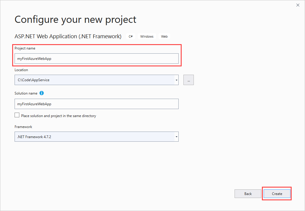 Screenshot of the Configure your web app project.