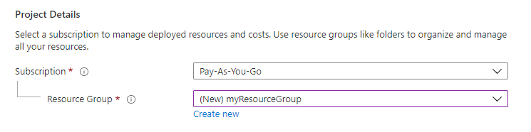 Screenshot of the Project Details section showing where you select the Azure subscription and the resource group for the web app.