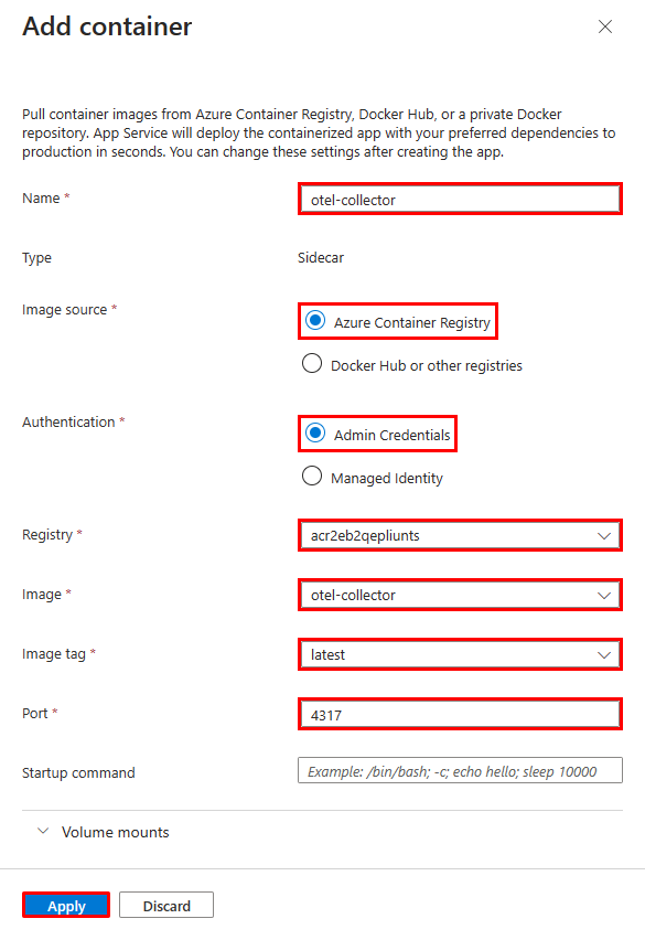 Screenshot showing how to configure a sidecar container in a web app's deployment center.