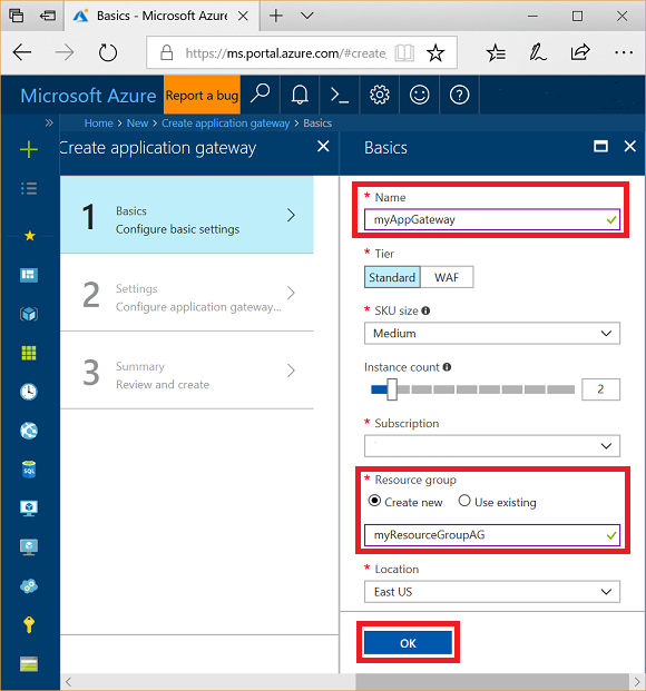 Create new application gateway