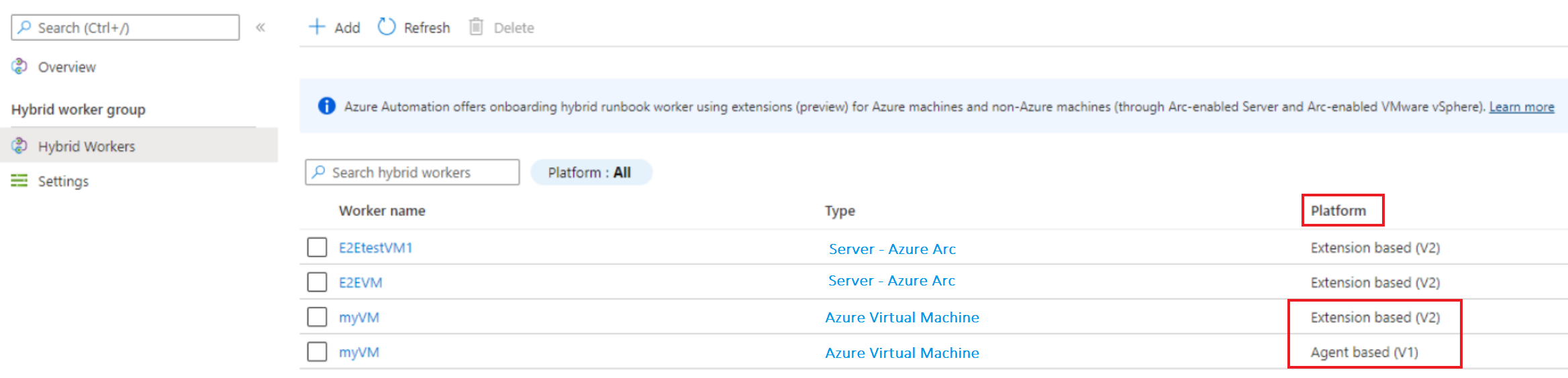 Screenshot of platform field showing agent or extension based hybrid worker.