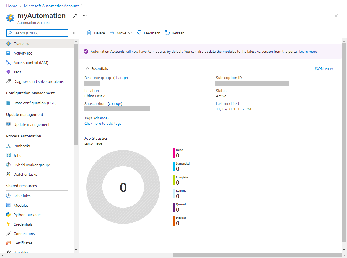 Automation account overview page