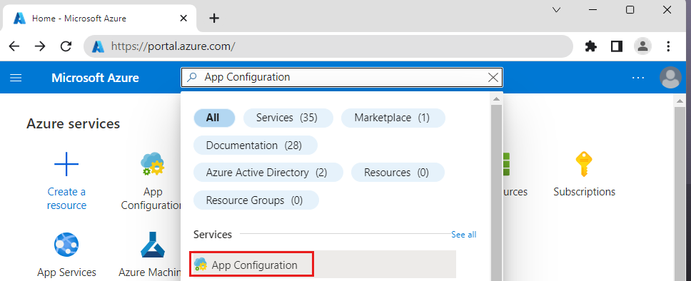 Screenshot of the Azure portal that shows the App Configuration service in the search bar.