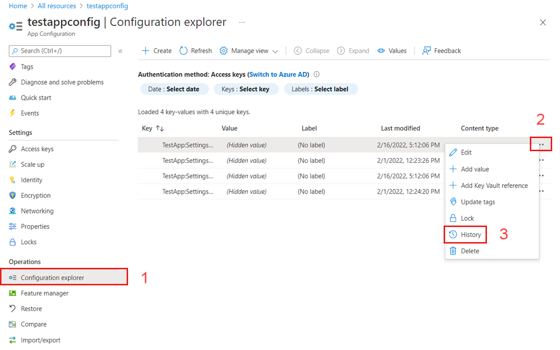 Screenshot of the Azure portal selecting key-value history