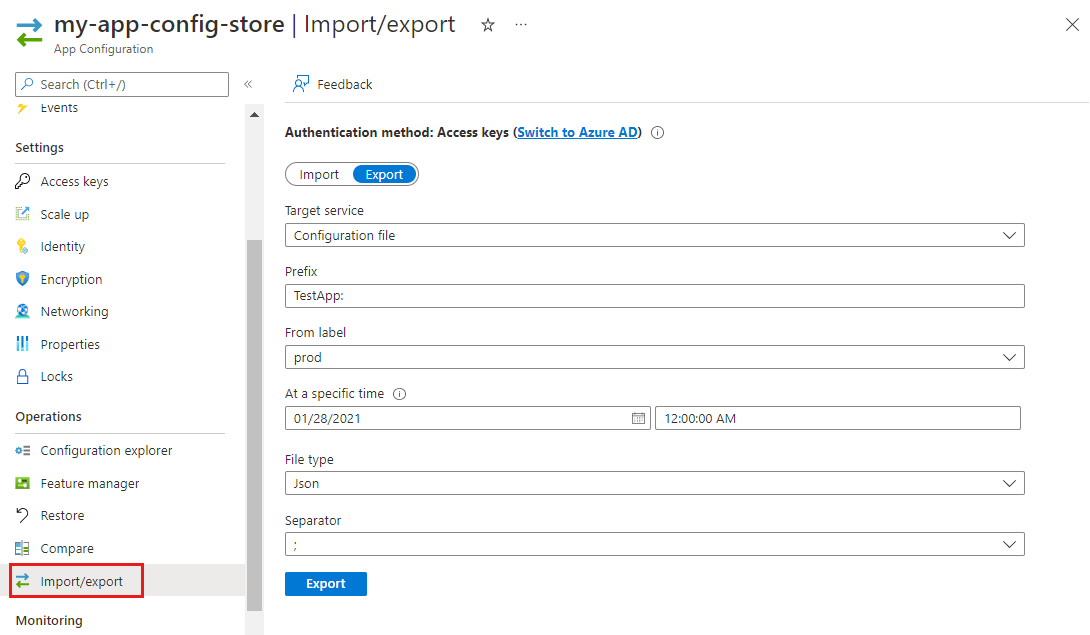 Screenshot of the Azure portal, exporting a file