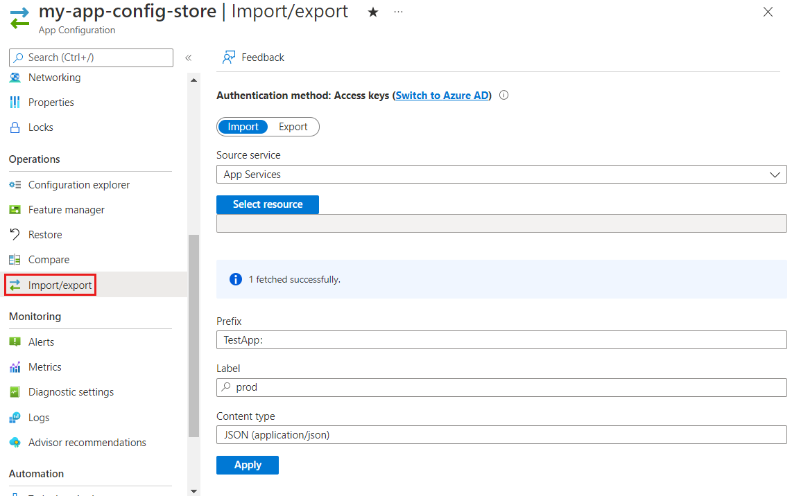 Screenshot of the Azure portal, importing from App Service.