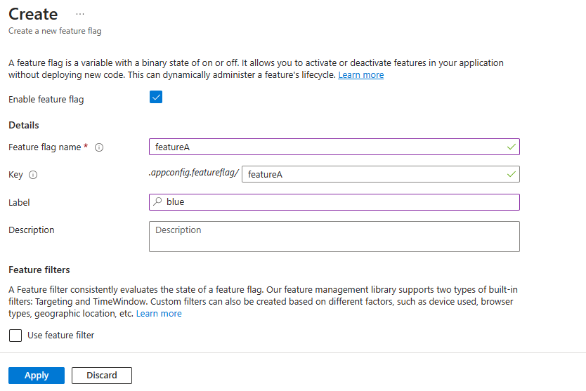 Screenshot of the Azure portal that shows the configuration settings to create a feature flag.