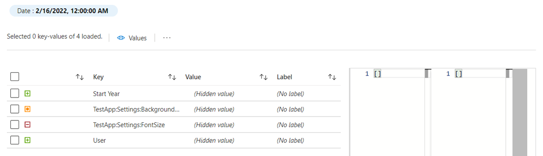 Screenshot of the Azure portal with saved key-values