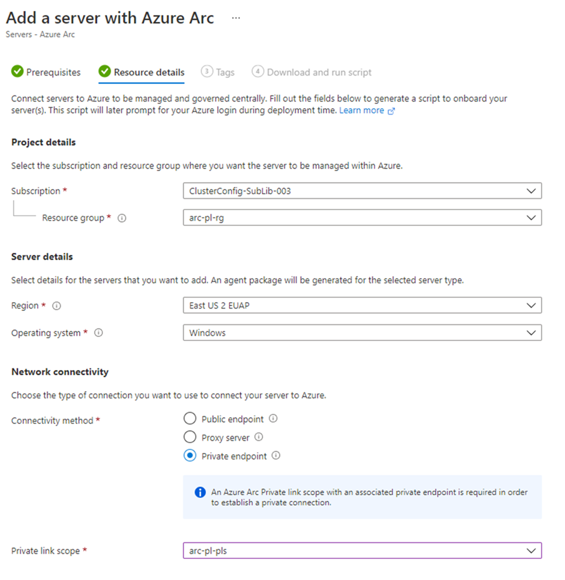 Selecting Private Endpoint connectivity option