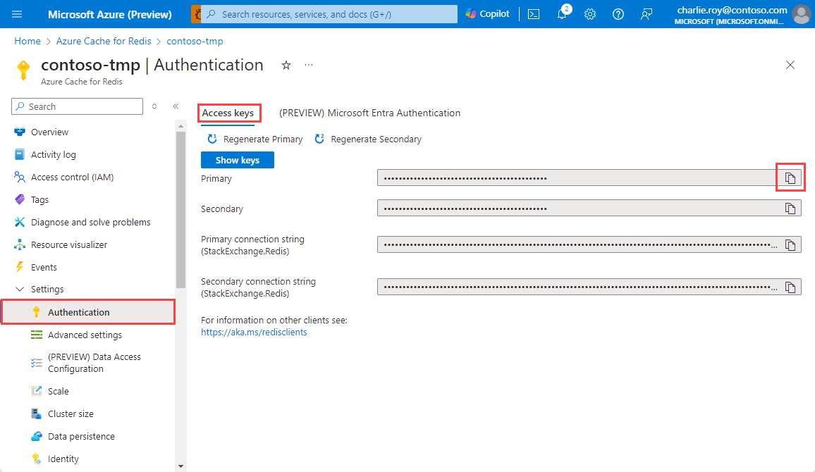 Screenshot that shows how to find and copy an access key for an instance of Azure Cache for Redis.