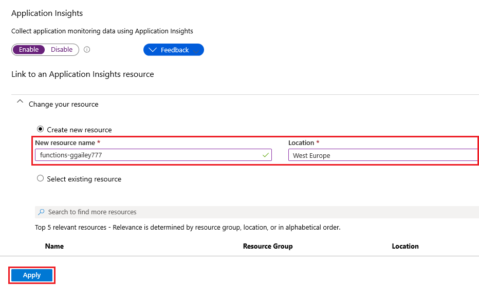 Screenshot that shows how to create an Application Insights resource.