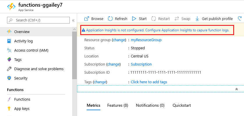 Screenshot that shows how to enable Application Insights from the portal.