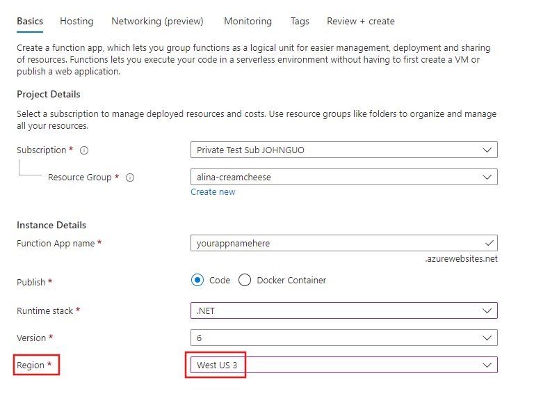 Screenshot of the Basics tab of the function app create page.