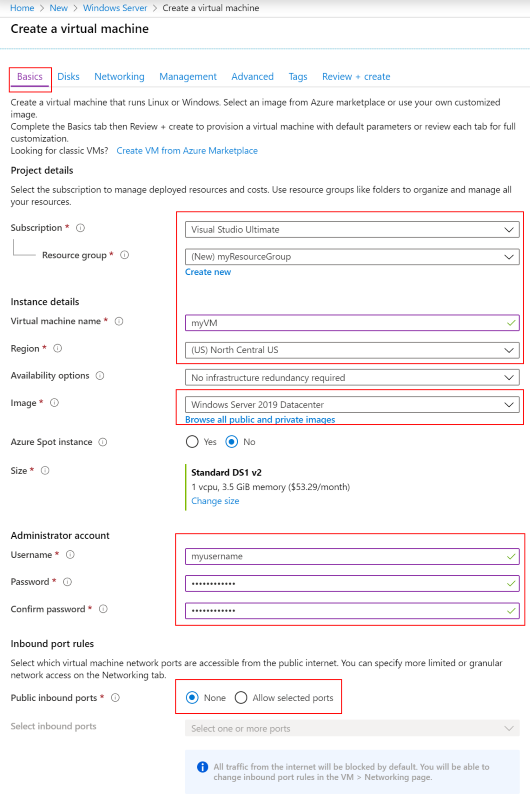 Basics tab for a new Windows VM