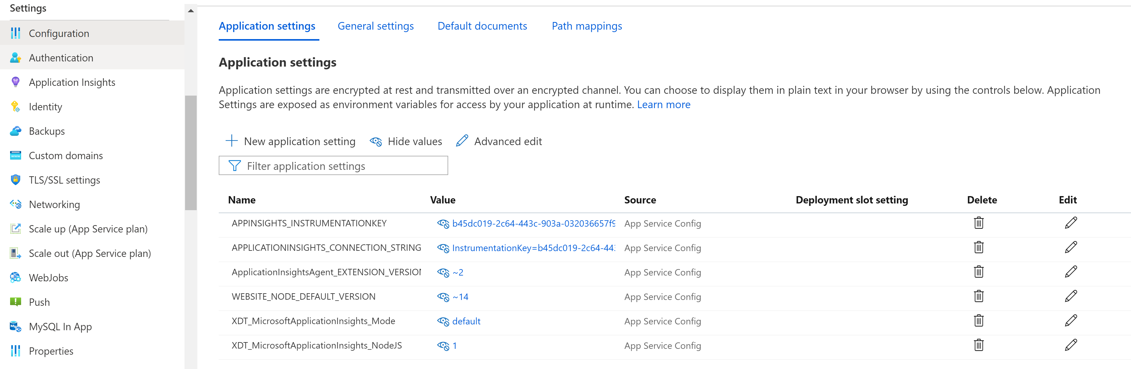 Screenshot of App Service Application Settings with available Application Insights settings.