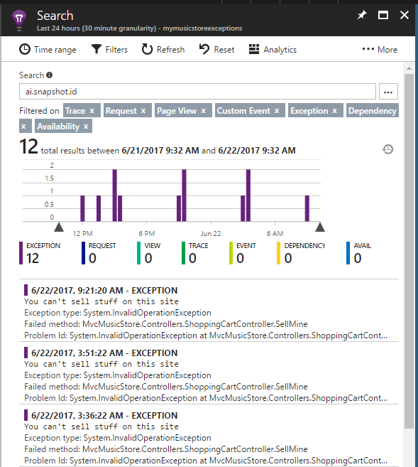 Search for telemetry with a snapshot ID in the portal