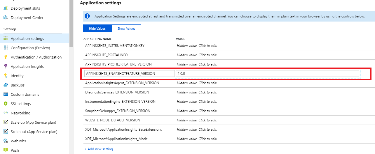 App Setting for Snapshot Debugger