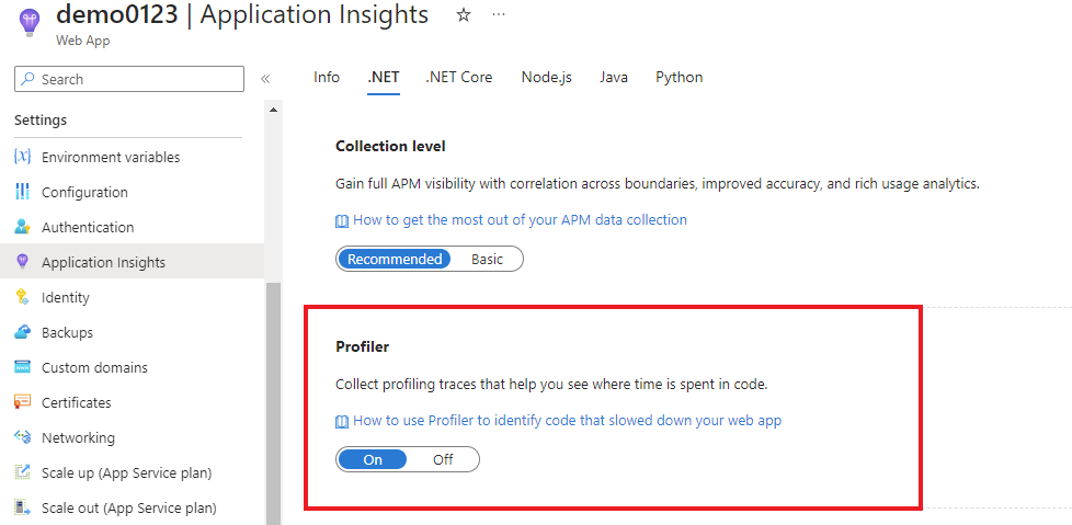 Screenshot of how to enable .NET Profiler for your web app.