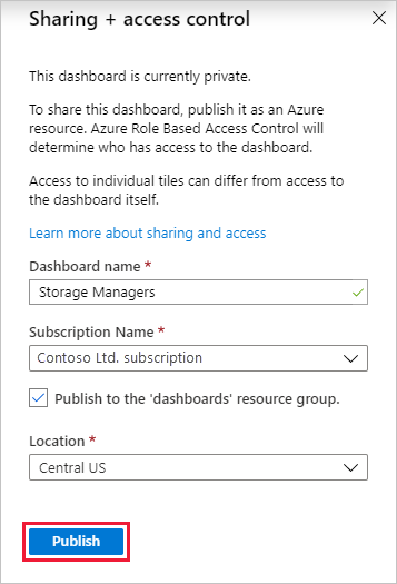 Screenshot showing how to publish an Azure portal dashboard.