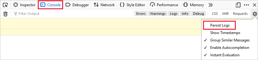 Screenshot of the Console setting for Persist Logs.