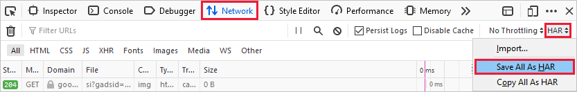 Screenshot of the "Save All As HAR" command on the Network tab.