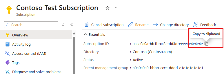 Screenshot showing the option to copy a subscription ID in the Azure portal.