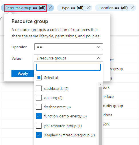 Filter view based on resource groups