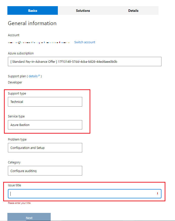 Screenshot of the Problem description step of the support request process.