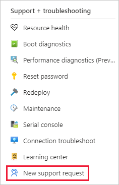 Screenshot of the New Support Request option in the resource pane.