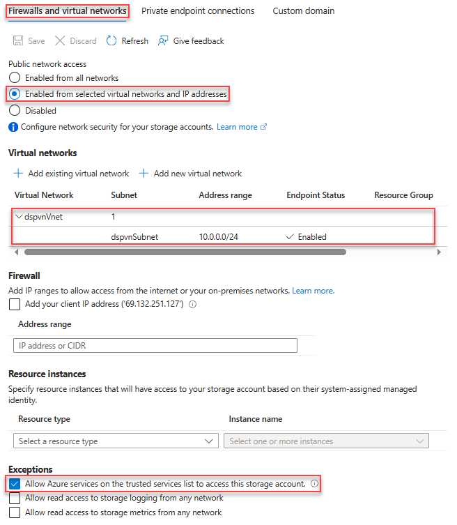 Screenshot of selections for configuring a storage account for accessing a private network.