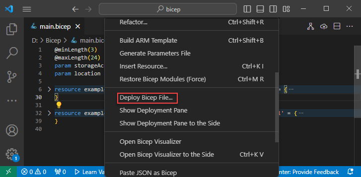 Screenshot of Deploy Bicep file.